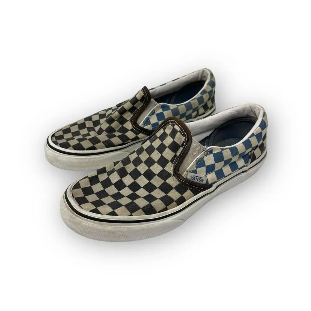 Vans Classic Checkerboard Blue Black White Slip On Shoes Kids Youth Size 3.5